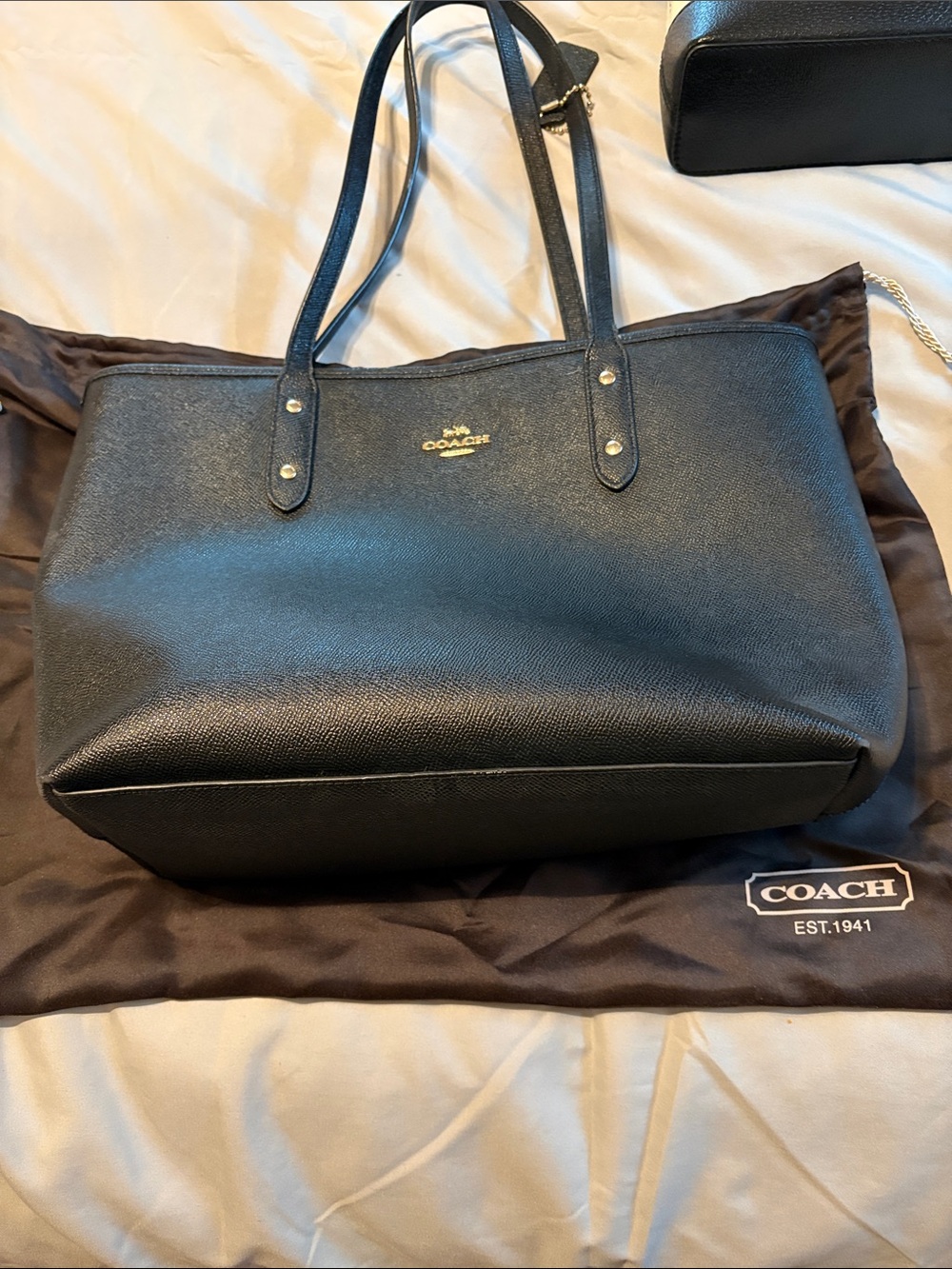 Coach Black Textured Leather Tote with Gold Logo